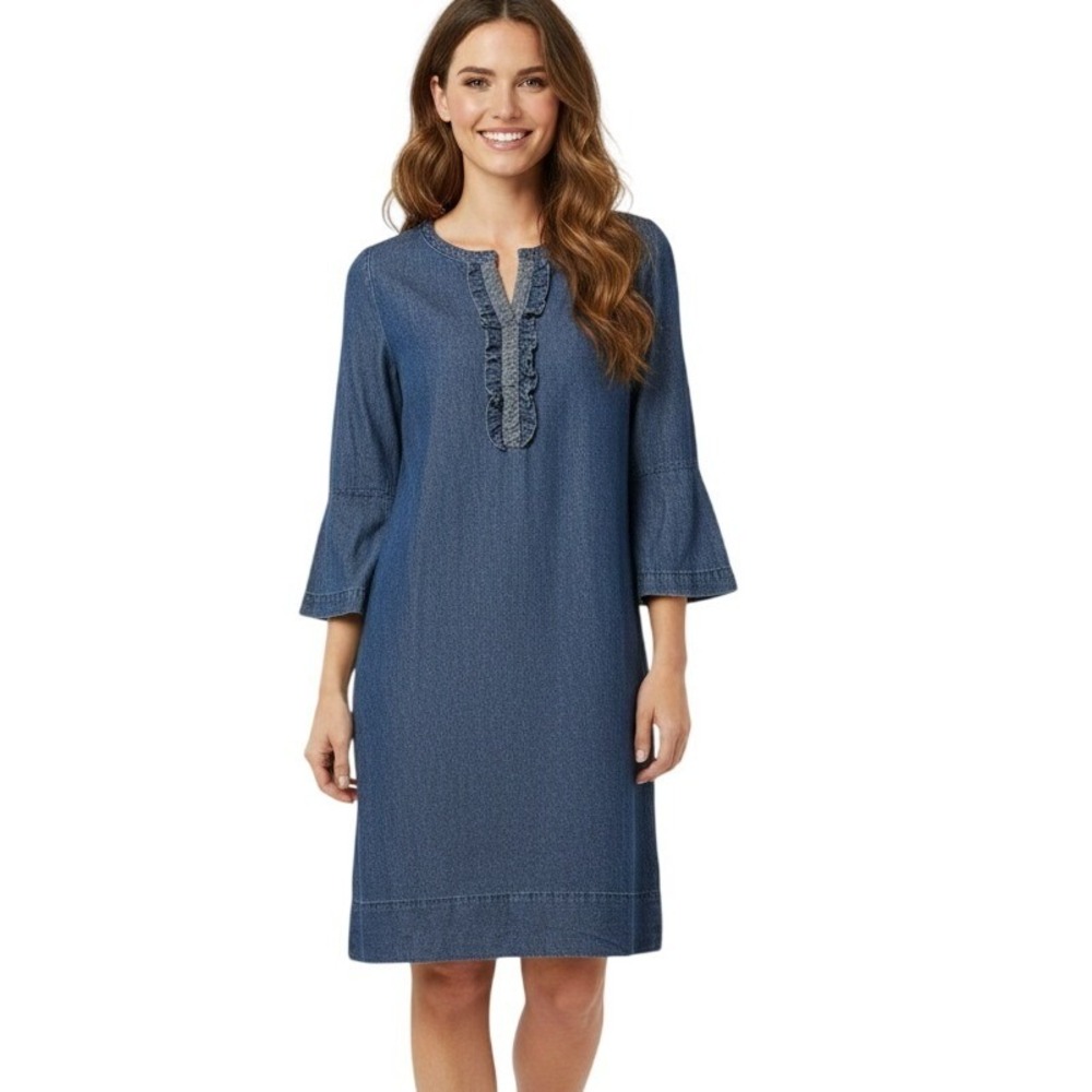 Draper James Dress Womens 10 Denim Ruffle Neck 3/4 Bell Sleeve Cottagecore Mini
